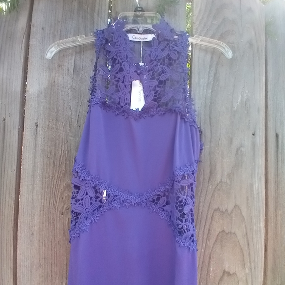 GLORY SUNSHINE DRESS JINUIOR SZ L PURPLE MAXI SLEEVELES HALTER LACE ZIP MERMAID - Picture 6 of 10